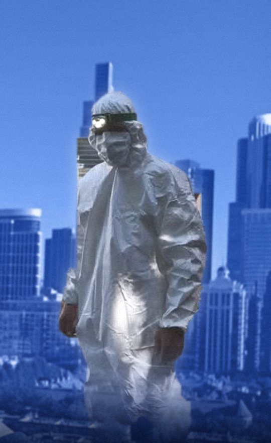 Gheorghe in his white studio suit against the Chicago skyline